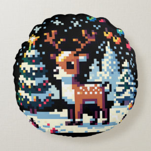 Pixel Art Reindeer in the Snow Christmas  Round Pillow