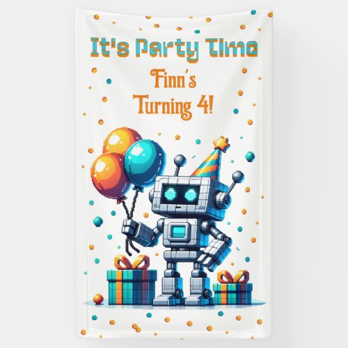 Pixel Art Robot Boys Birthday Party Banner