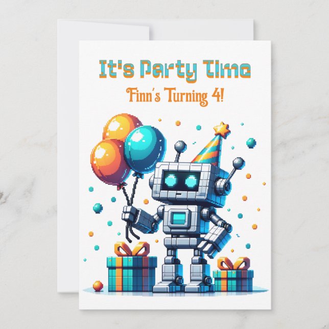 Pixel Art Robot Boy's Birthday Party Invitation (Front)