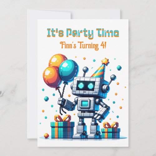 Pixel Art Robot Boys Birthday Party Invitation