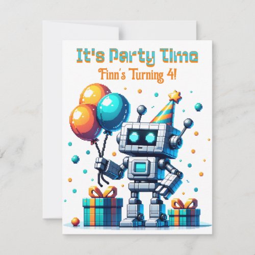 Pixel Art Robot Boys Birthday Party Invitation
