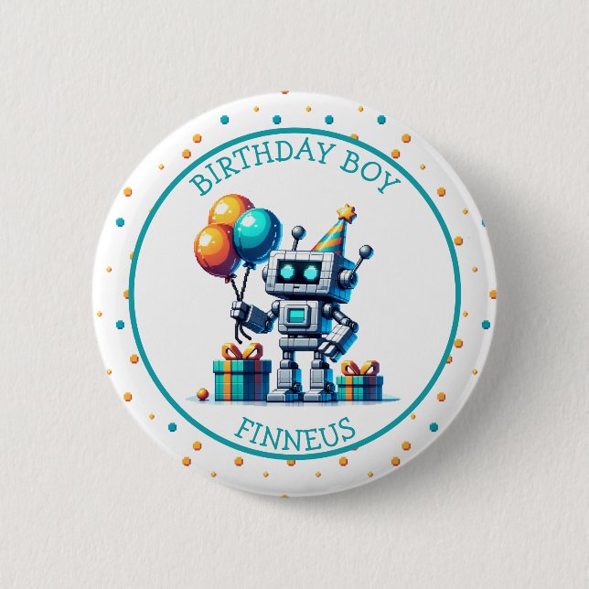 Pixel Art Robot in Orange and Teal Birthday Boy Button (Front)