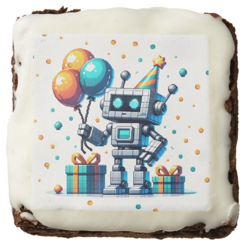Pixel Art Robot in Orange and Teal Birthday  Brownie