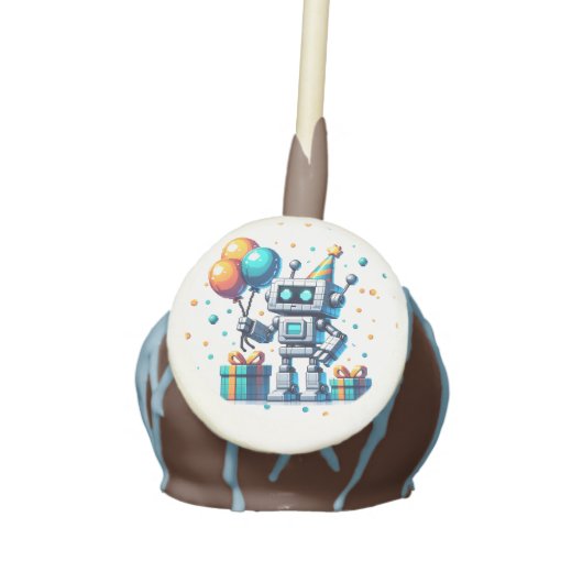 Pixel Art Robot in Orange and Teal Birthday  Cake Pops (Front)