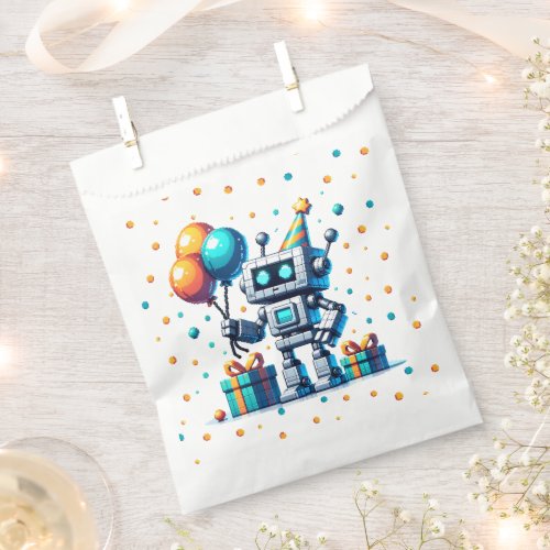 Pixel Art Robot in Orange and Teal Birthday  Favor Bag