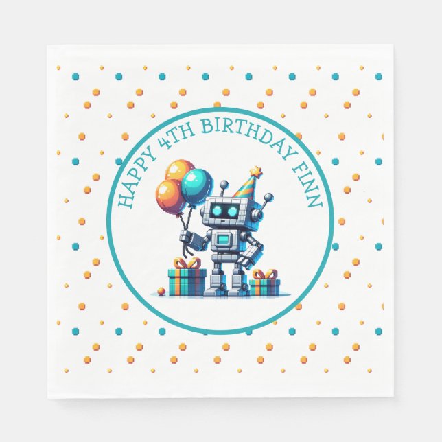 Pixel Art Robot in Orange and Teal Birthday  Napkins (Front)
