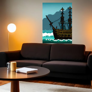 Pixel art,  sail boat on the great ocean   AI Art Poster