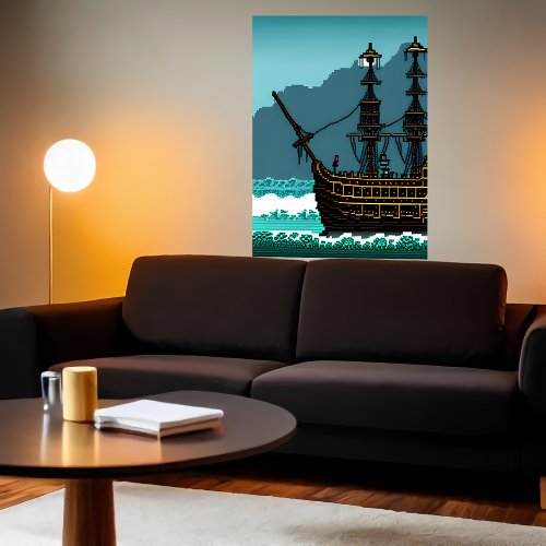 Pixel art  sail boat on the great ocean  AI Art Poster