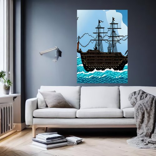 Pixel art  sail boat on the great sea   AI Art Poster