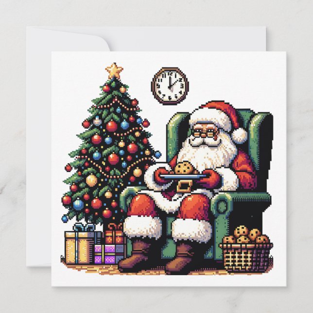 Pixel Art Santa eating Cookies Christmas Holiday Card (Front)