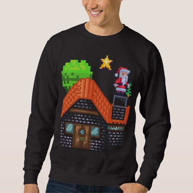 Pixel Art Santa on Rooftop Christmas House Scene Sweatshirt (Front)