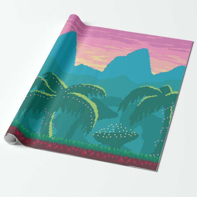 Pixel art seamless landscape with tropics area. Vi Wrapping Paper (Unrolled)