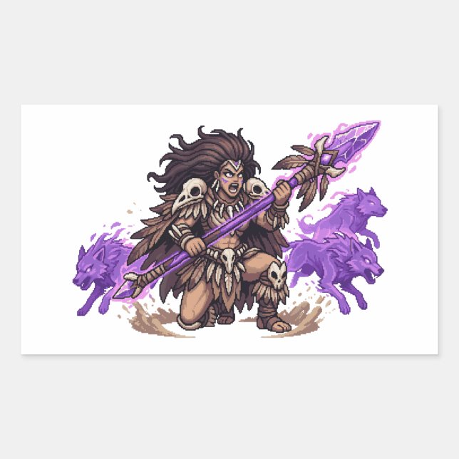 Pixel Art Shaman Warrior with Spirit Wolves Fantas Rectangular Sticker (Front)
