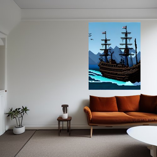 Pixel art ship on the ocean  AI Art  Poster