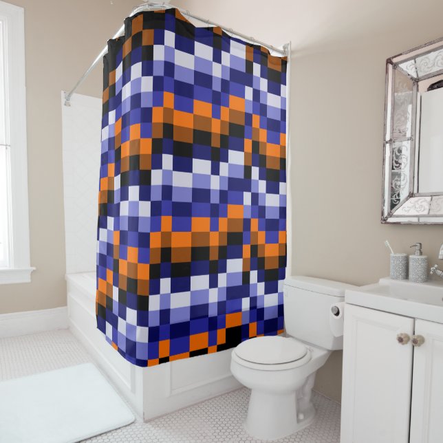 Pixel Art Shower Curtain – Blues, Orange & Earth (In Situ)