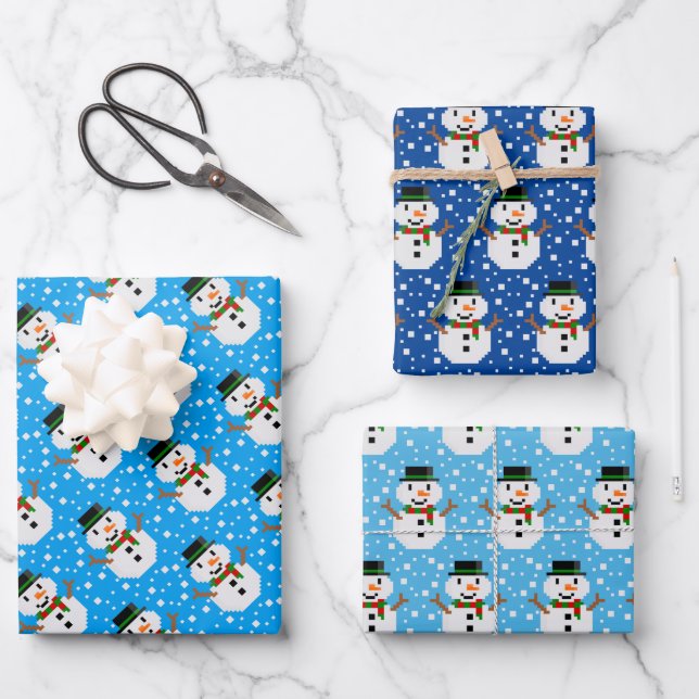Pixel Art SNOWMAN Wrapping Paper Sheets (Front)