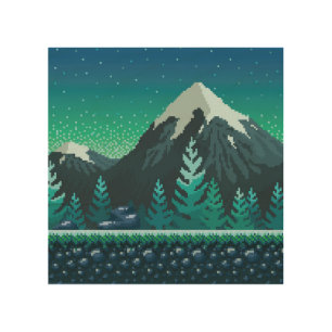 Pixel Art: Snowy Mountains Night. Wood Wall Art