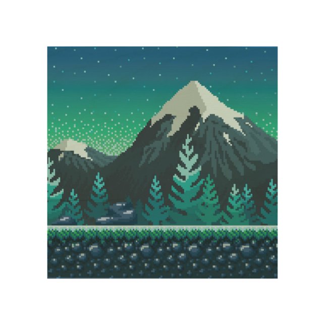 Pixel Art: Snowy Mountains Night. Wood Wall Art (Front)
