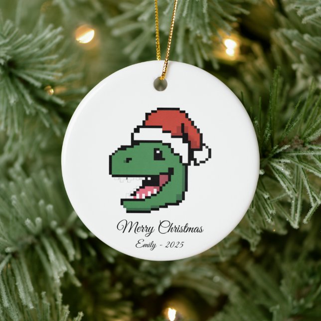 Pixel Art T-Rex Dinosaur Santa Hat Christmas Gift Ceramic Ornament (Tree)