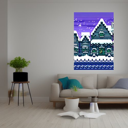 Pixel art town in the snow   AI Art Poster