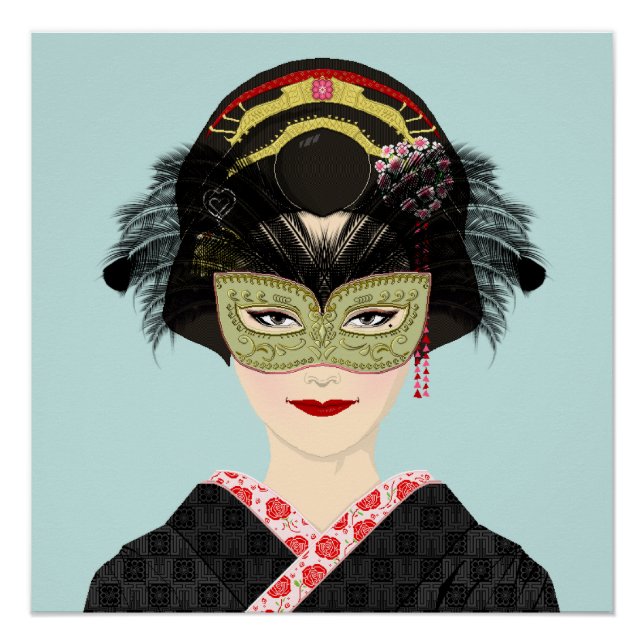 Pixel Art Venetian Mask Geisha Poster (Front)