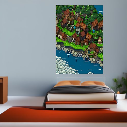 Pixel art Viking town forest river  AI Art  Poster