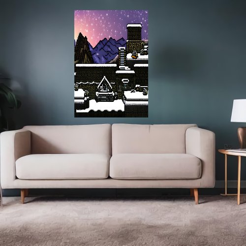 Pixel art village town in snowy mountain  AI Art Poster