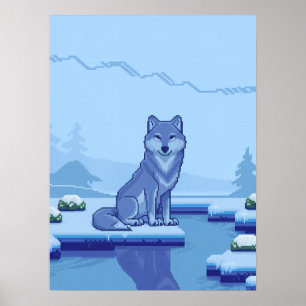 Pixel Art Wolf in a Snowy Landscape Poster