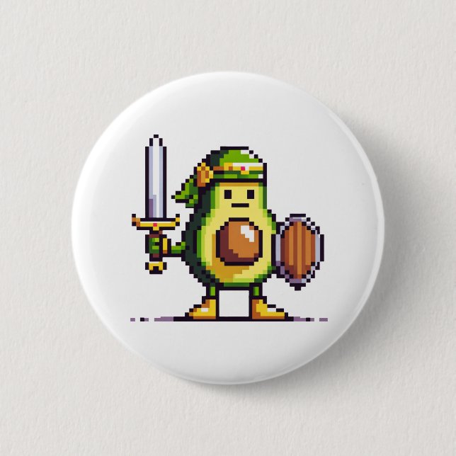 Pixel Avocado Warrior - Retro Gaming Art Button (Front)