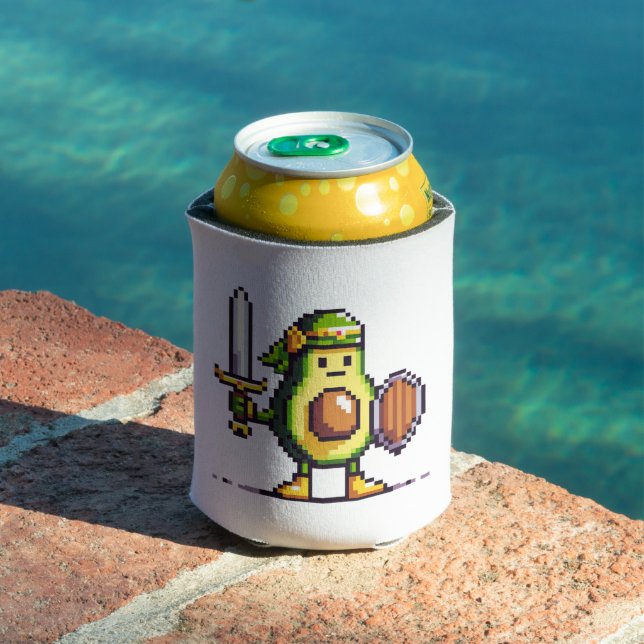 Pixel Avocado Warrior - Retro Gaming Art Can Cooler (In Situ Pool)