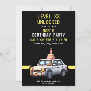 Pixel Black & Yellow Race Gaming Birthday Invitation