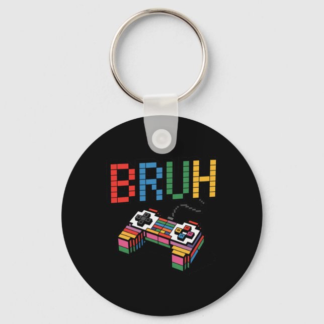 Pixel Block Gamer Controller Bruh Funny Retro Styl Keychain (Front)