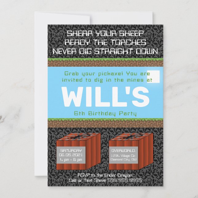 Pixel Block Gaming Birthday Invitation (Front)