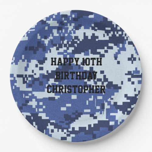 Pixel Blue Camouflage Paper Plate