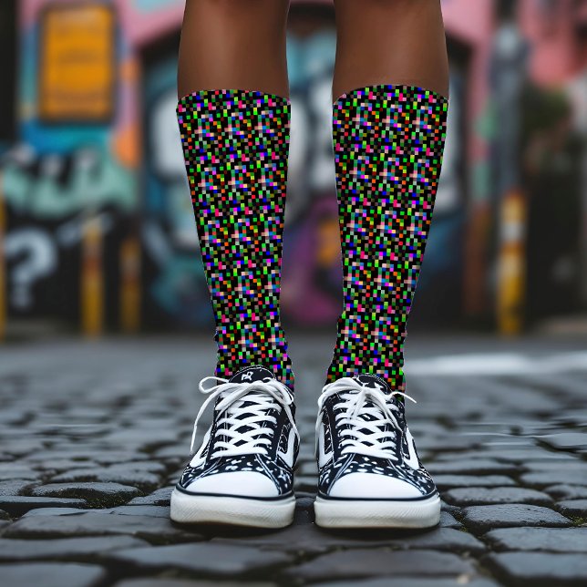    Pixel Checkered Pattern Abstract Geeky Colorful Socks (Creator Uploaded)