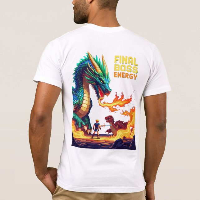 Pixel dragon boss breathing fire at tiny hero  T-Shirt (Back)