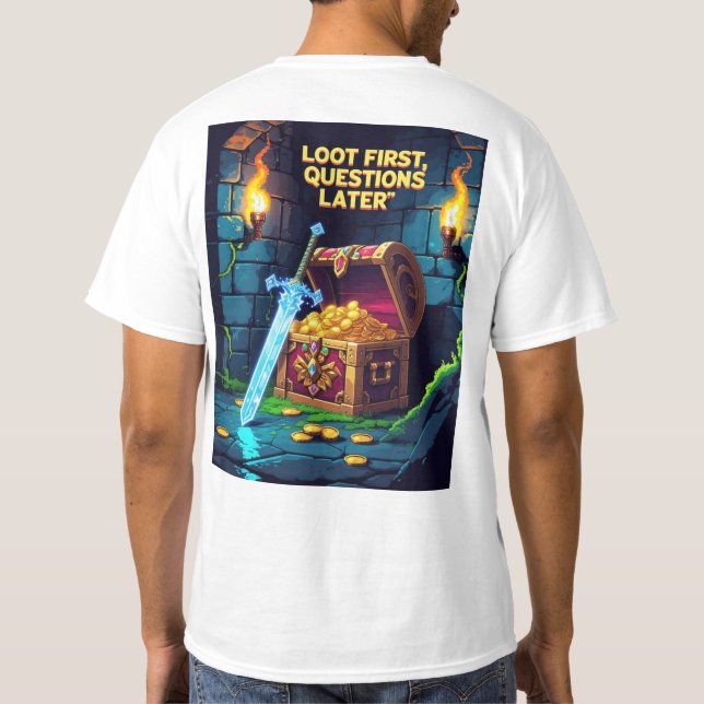 Pixel dungeon scene with treasure chest  T-Shirt (Back)