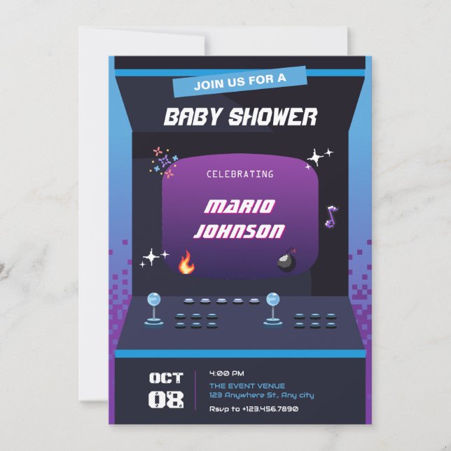 Pixel game baby shower invitation (Front)