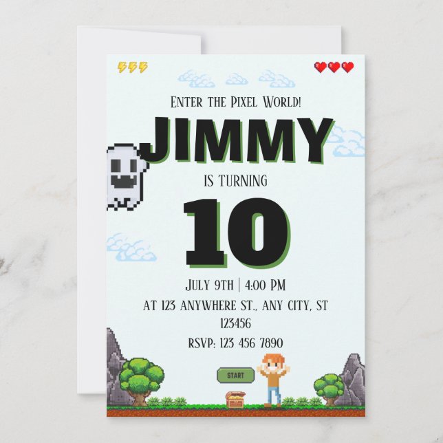 Pixel Game Birthday Invitation for Boys (Front)
