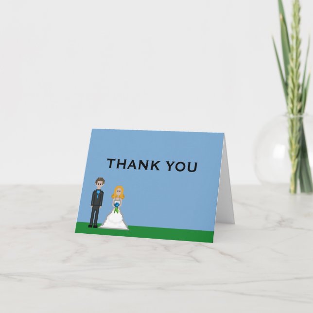 Pixel Gamer Blond Bride & Groom Wedding Thank You Card (Front)