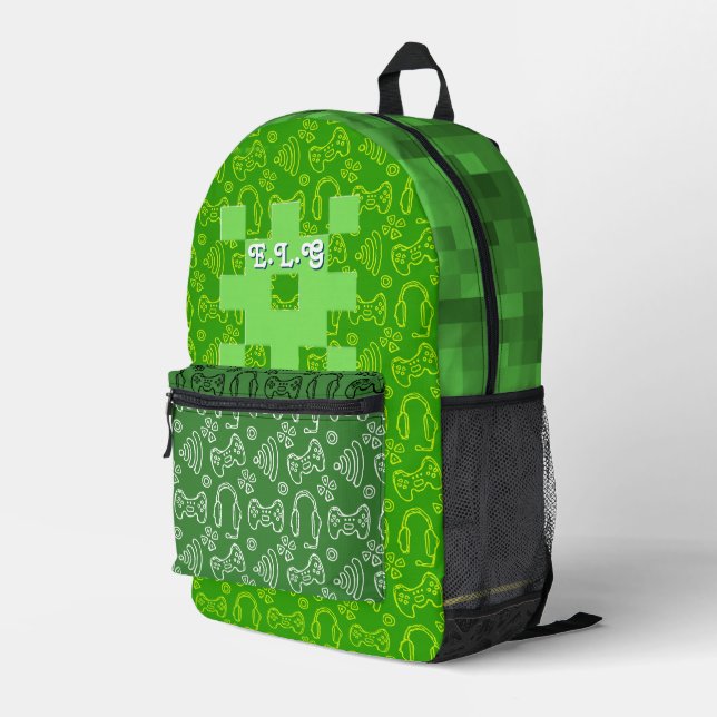 Pixel Gamer Personalized Green Controller Print Printed Backpack (Back Corner Right)