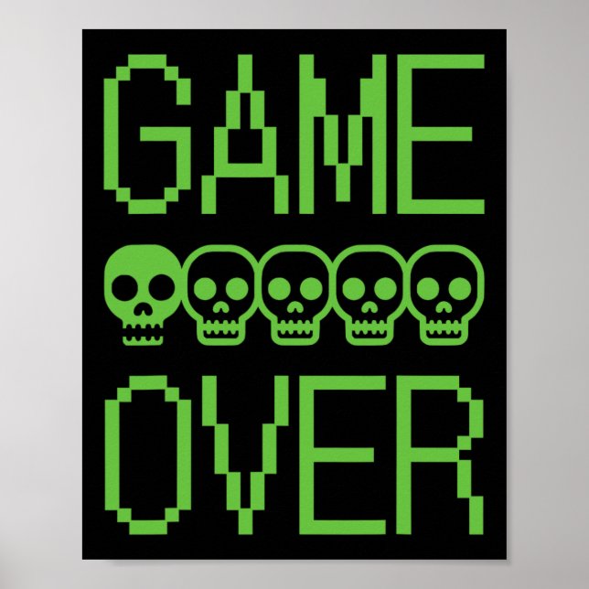 Pixel Gamer Skull Game Over Retro Video Game Arcad Poster (Front)