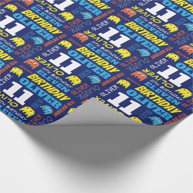 Pixel gaming alien 11th birthday bright custom wrapping paper (Corner)