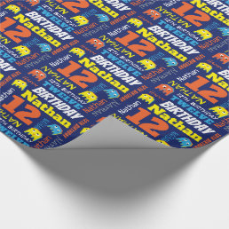 Pixel gaming alien 12th birthday bright custom wrapping paper