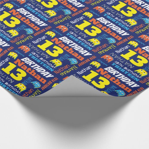 Pixel gaming alien 13th birthday bright custom wrapping paper