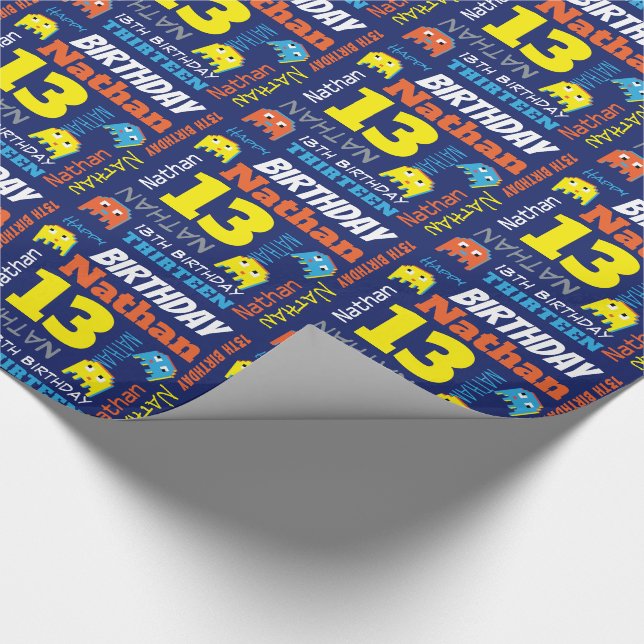 Pixel gaming alien 13th birthday bright custom wrapping paper (Corner)