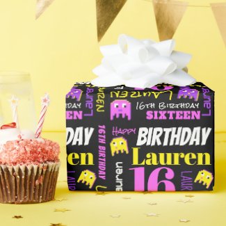 Pixel gaming alien 16th birthday custom girls wrapping paper