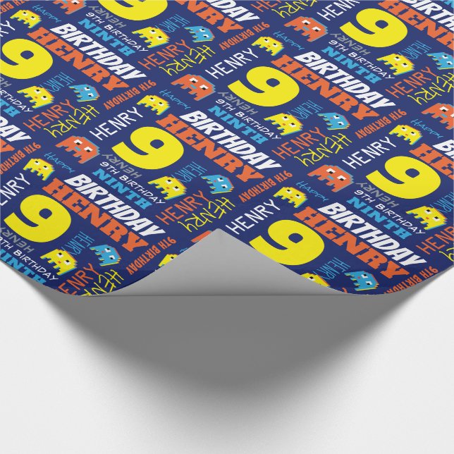 Pixel gaming alien 9th birthday bright custom wrapping paper (Corner)
