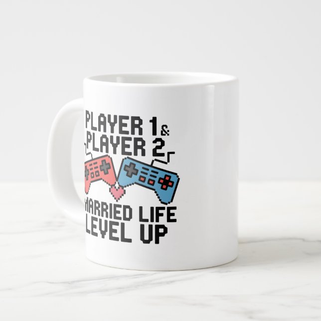 Pixel Gaming Couple Level Up Design Giant Coffee Mug (Front Left)