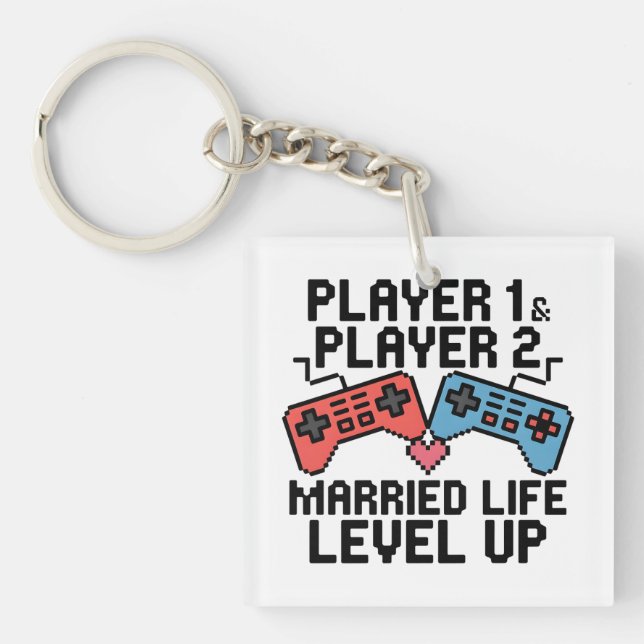 Pixel Gaming Couple Level Up Design Keychain (Front)